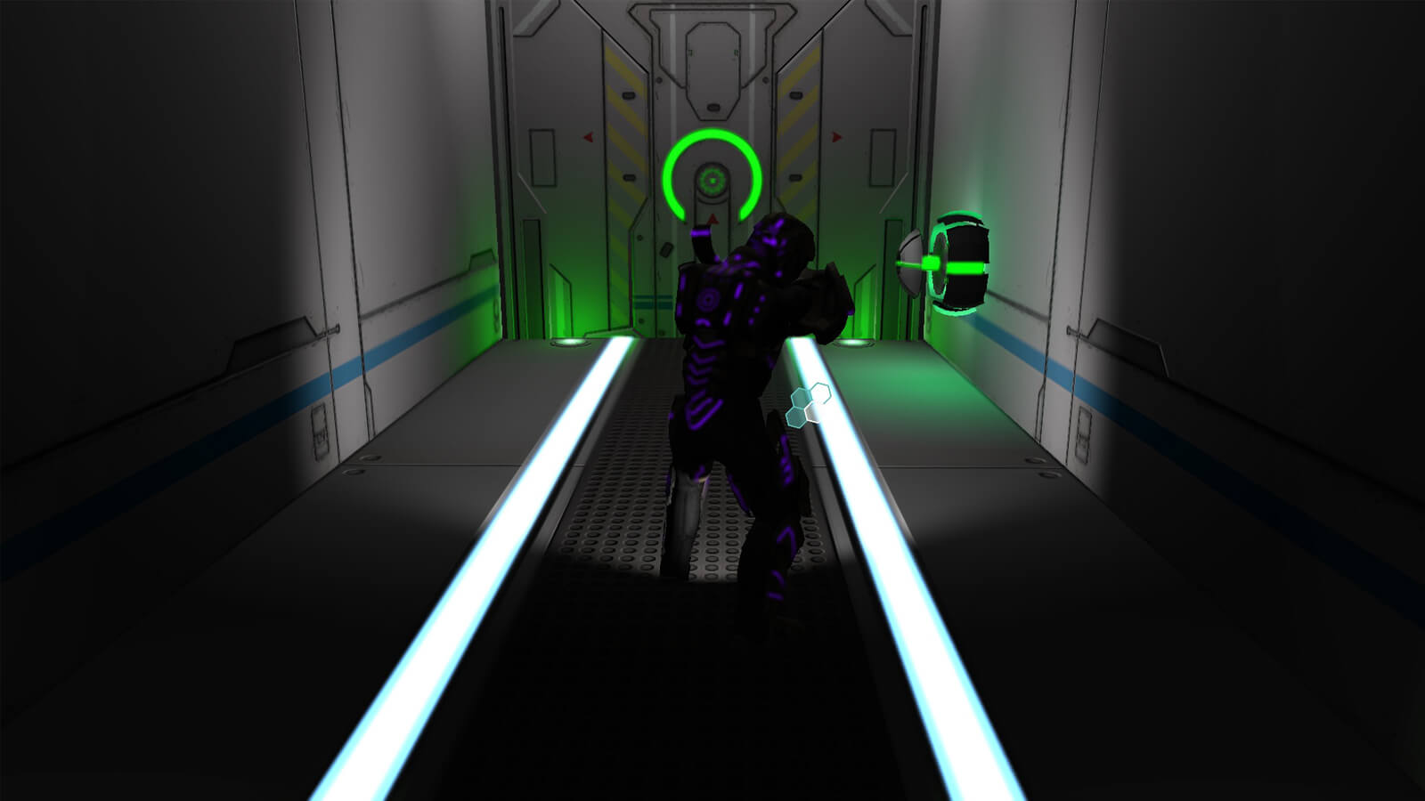 An alien impersonating a human soldier approaches a green blast door. 