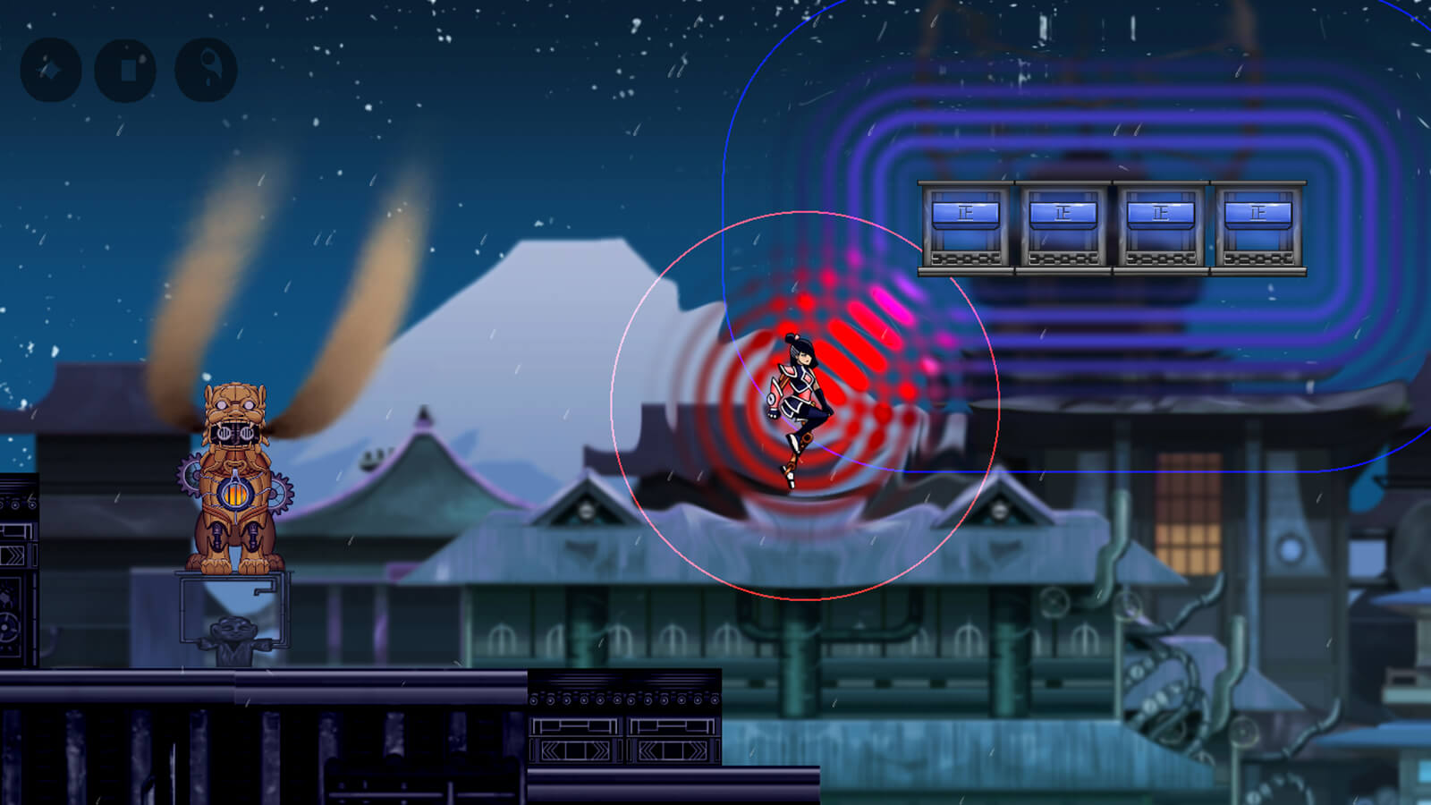 The game's half-automaton hero leaps through the air emanating red magnetic waves.