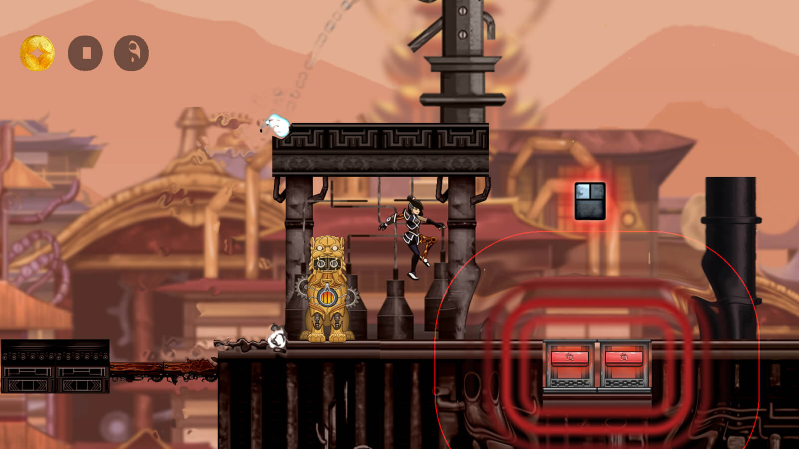 The half-automaton hero jumps through an Asian steampunk landscape. 