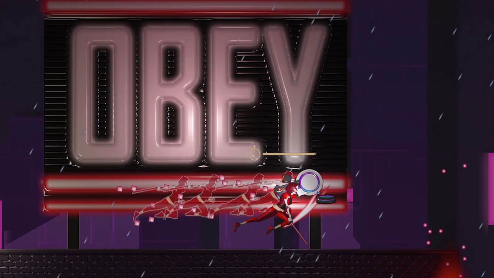 Character slices through a security camera passing by a massive sign that says 'Obey'