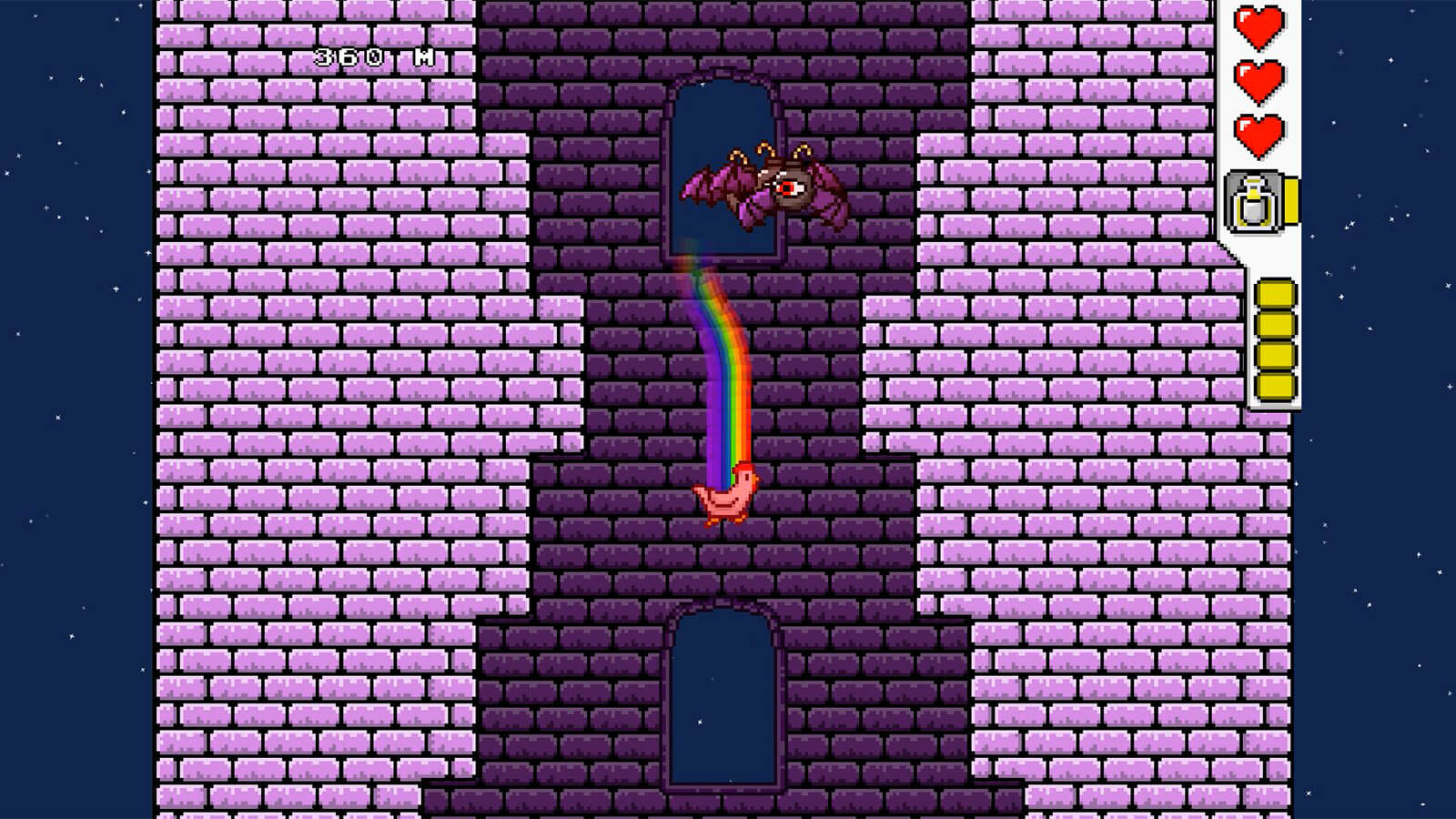 A rainbow chicken falls next to a trio of winged, one-eyed bombs in a purple brick tower. 