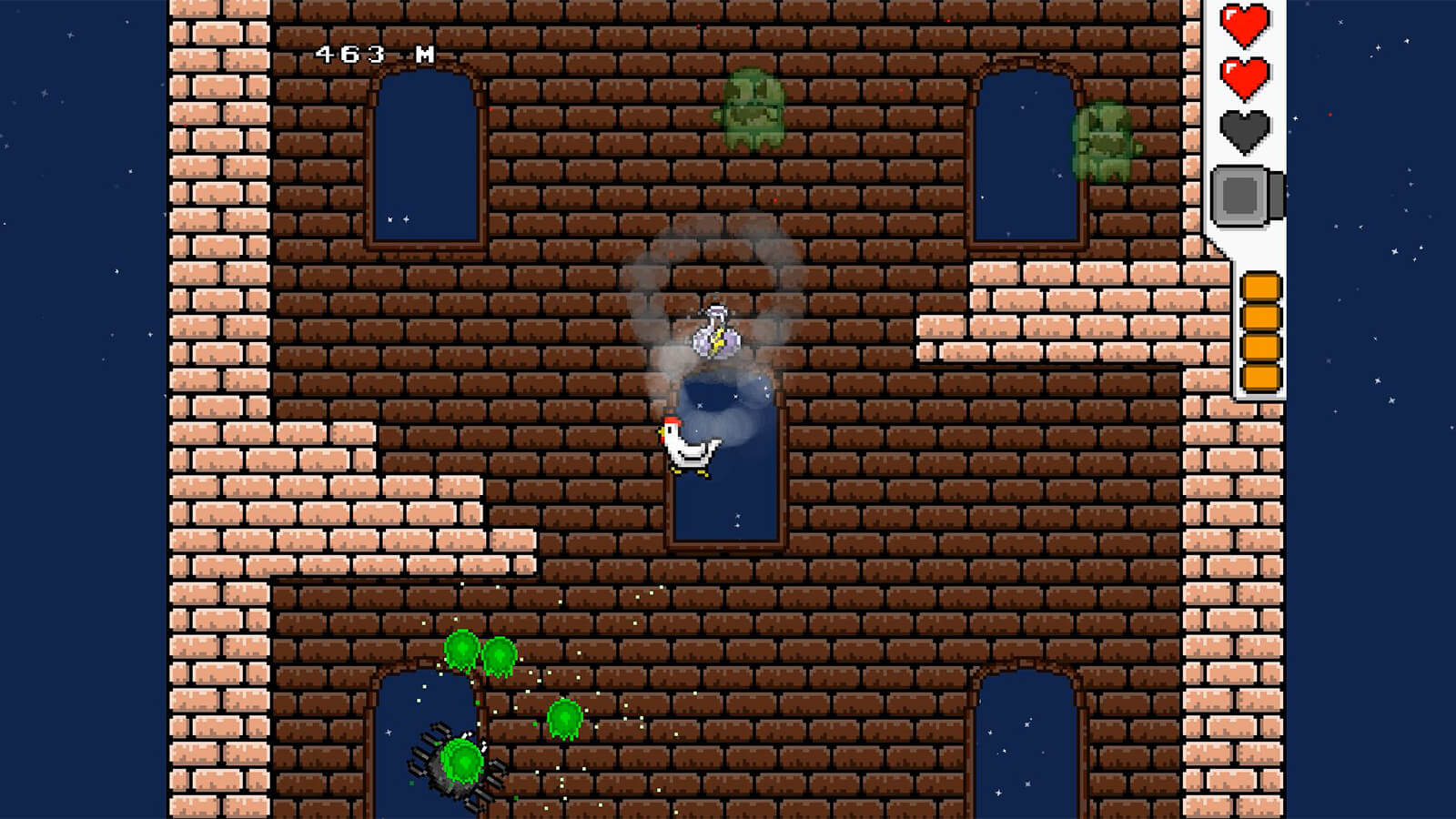 A chicken falls next to a magic potion and green ghosts in a large brown brick tower. 