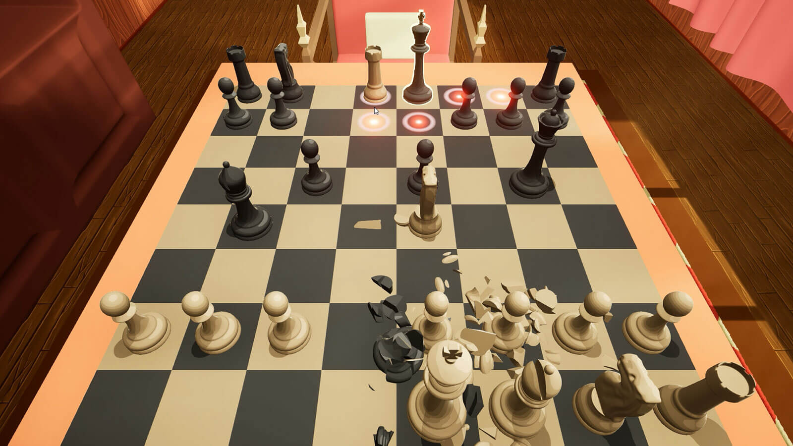 Overhead view of 3D chess pieces doing battle and shattering apart