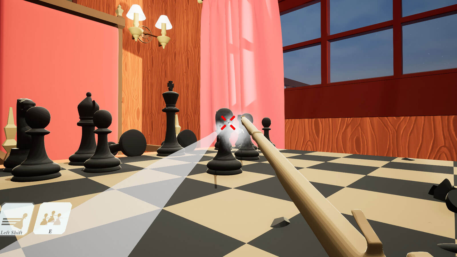 First-person view of a white chess piece firing at a black pawn