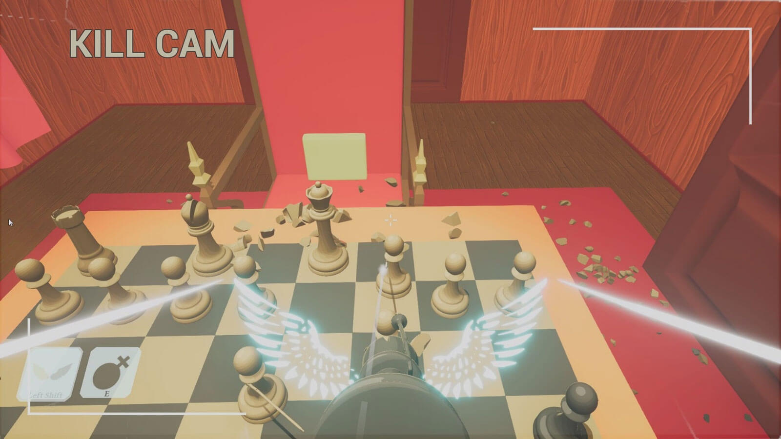 First-person view of a black chess piece attacking a white pawn with 'Kill Cam' written onscreen