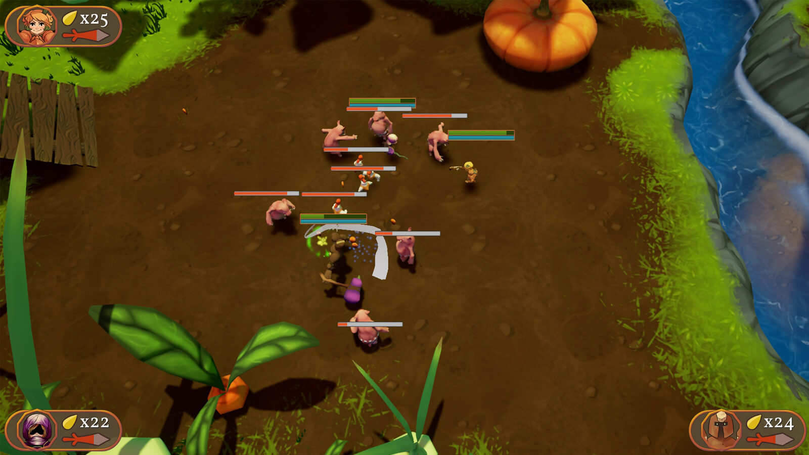 The game's heroes battle against evil porcs. 
