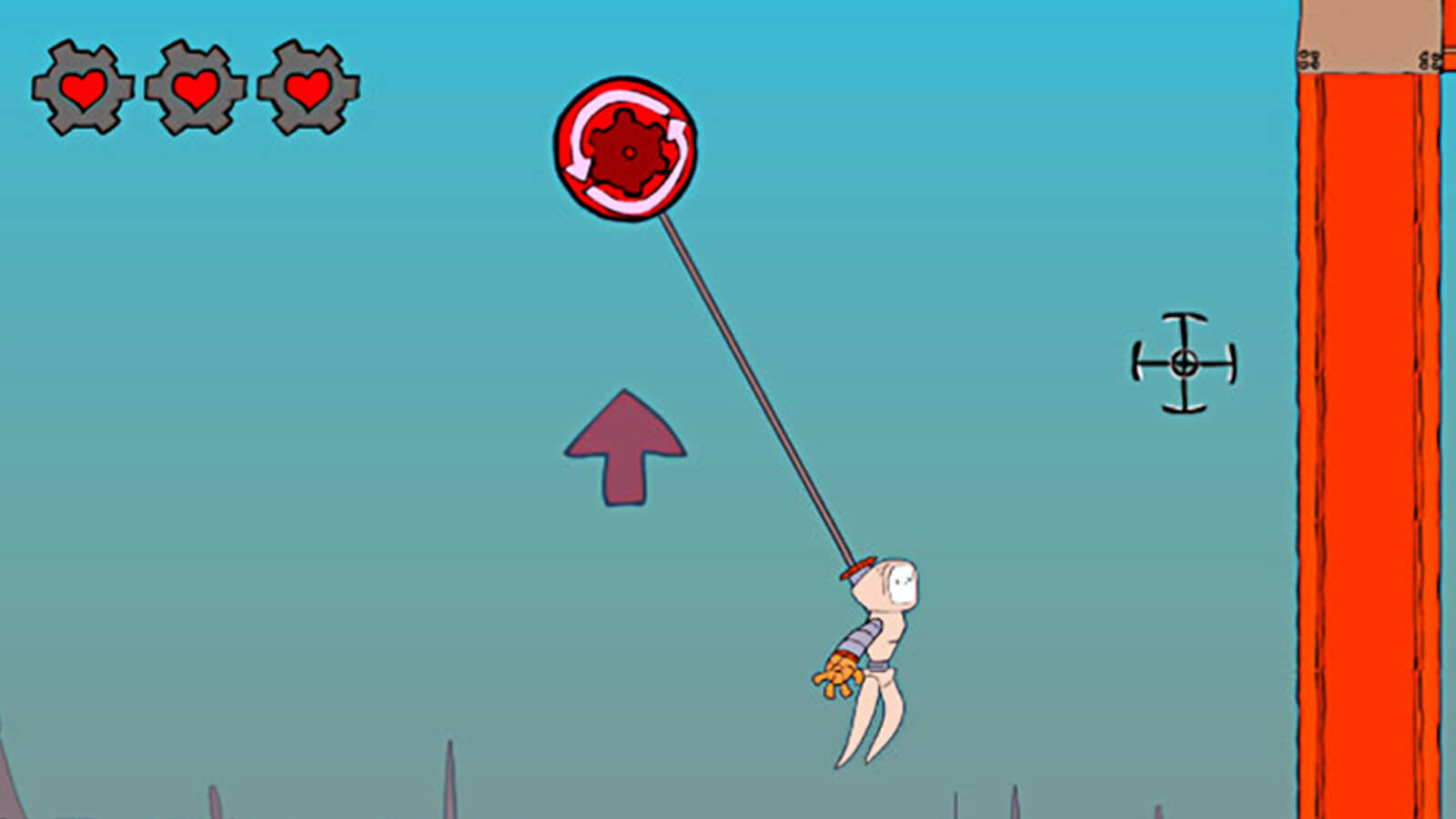 A robot-like character swings by a floating cog with its extended gear hand.