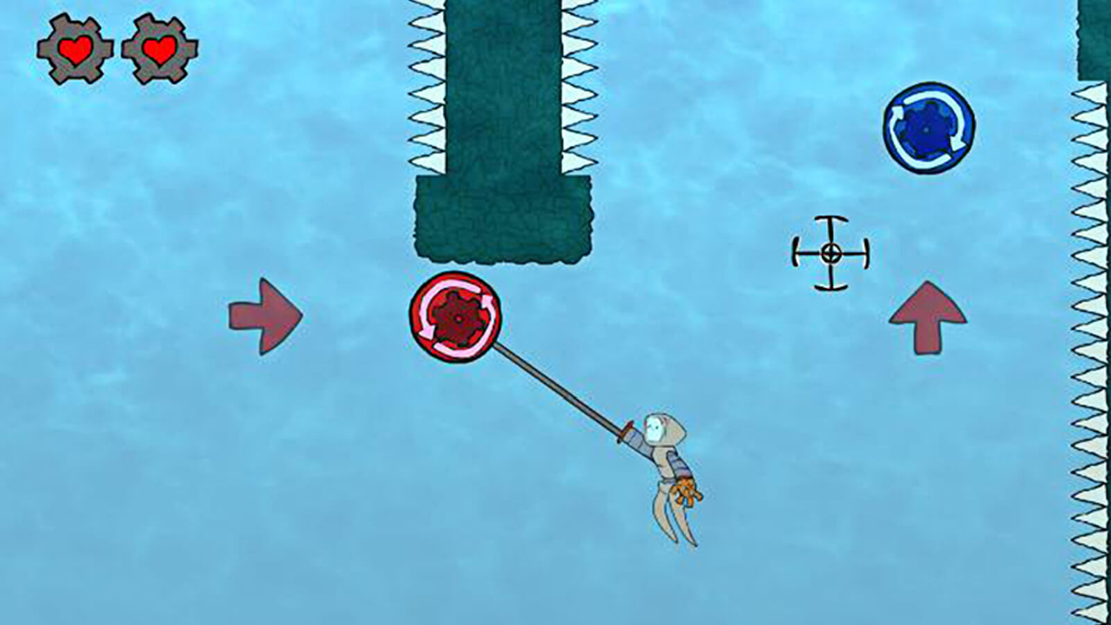 A robot-like character swings by an underwater cog with its extended gear hand.