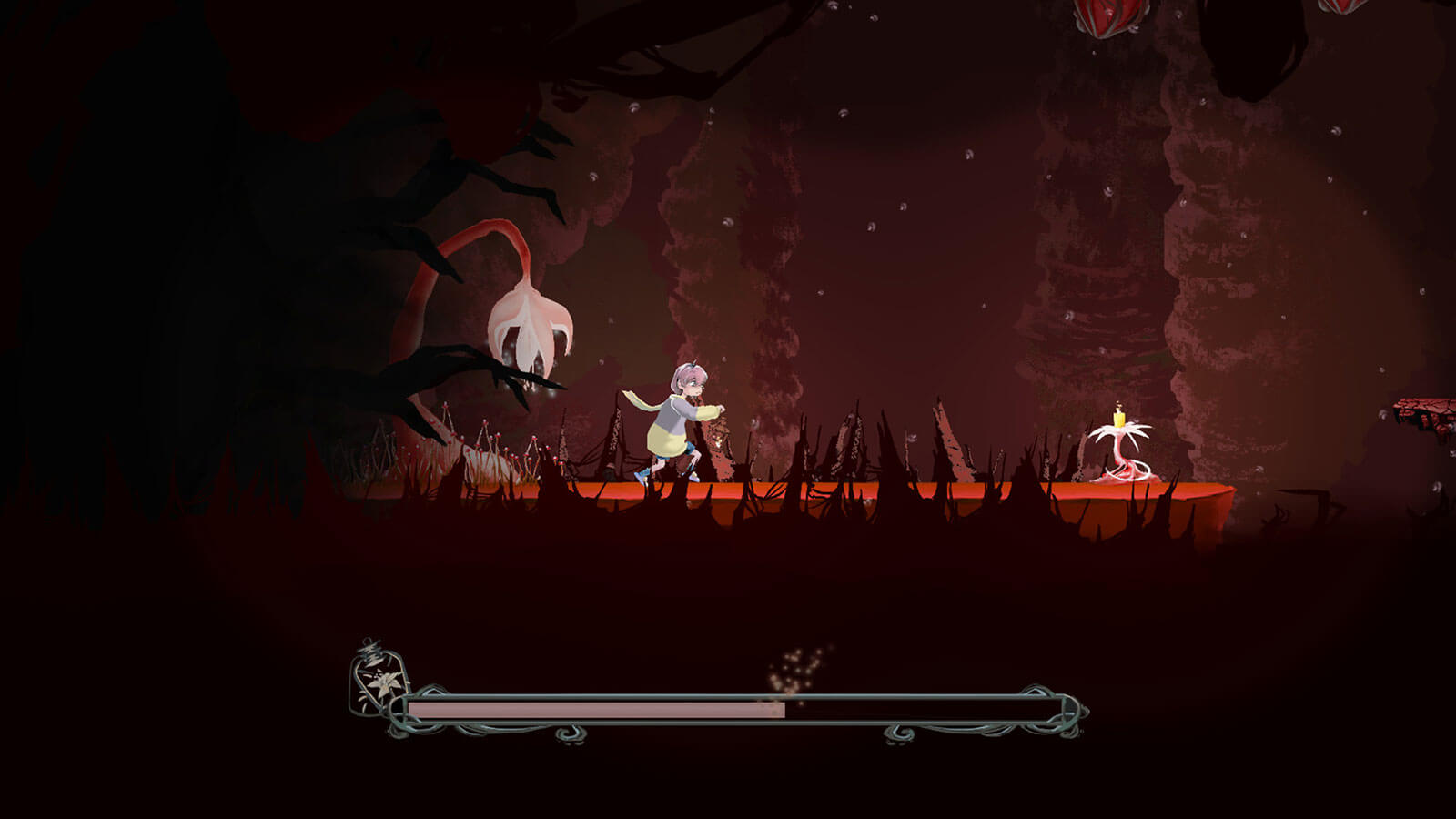 Protagonist runs along a red platform lit by a small plant holding a candle