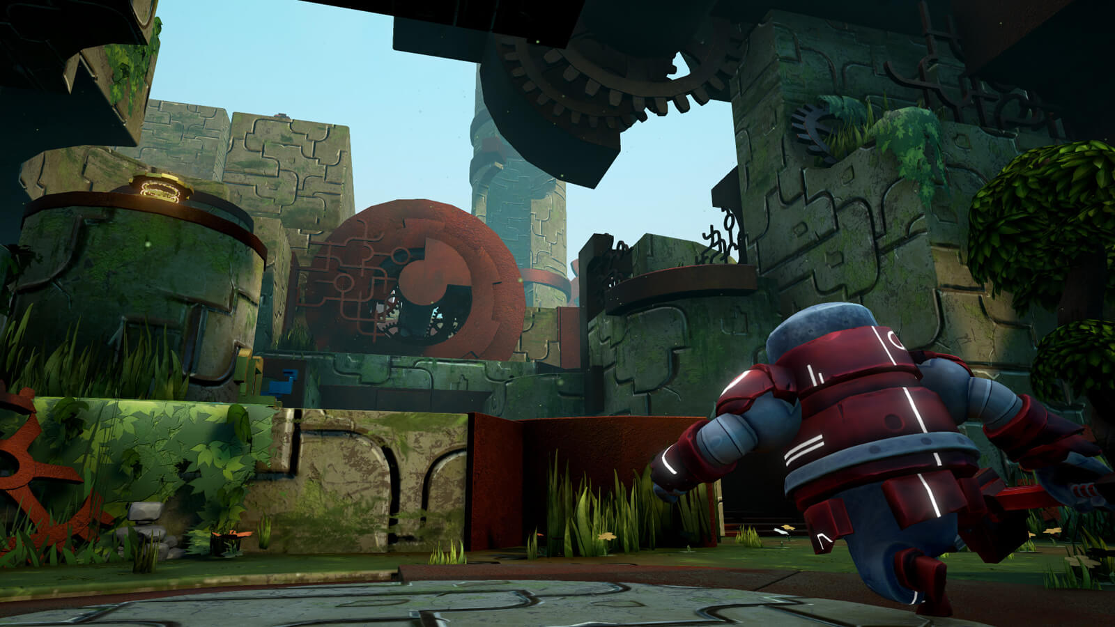 A red robot runs towards a stone structure overgrown with green foliage. 