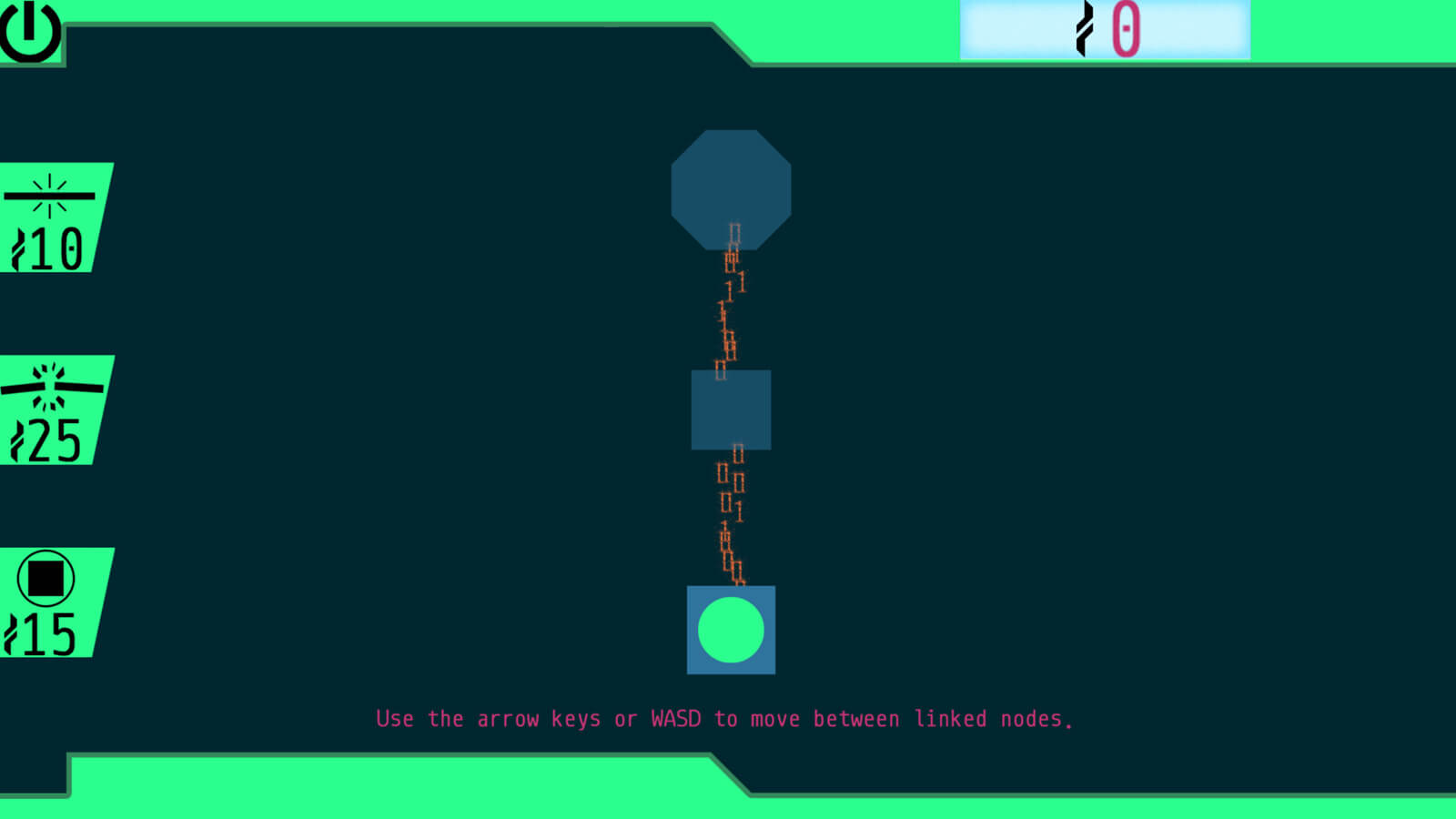 Code flows between two open nodes, the third node occupied by a green circle. 