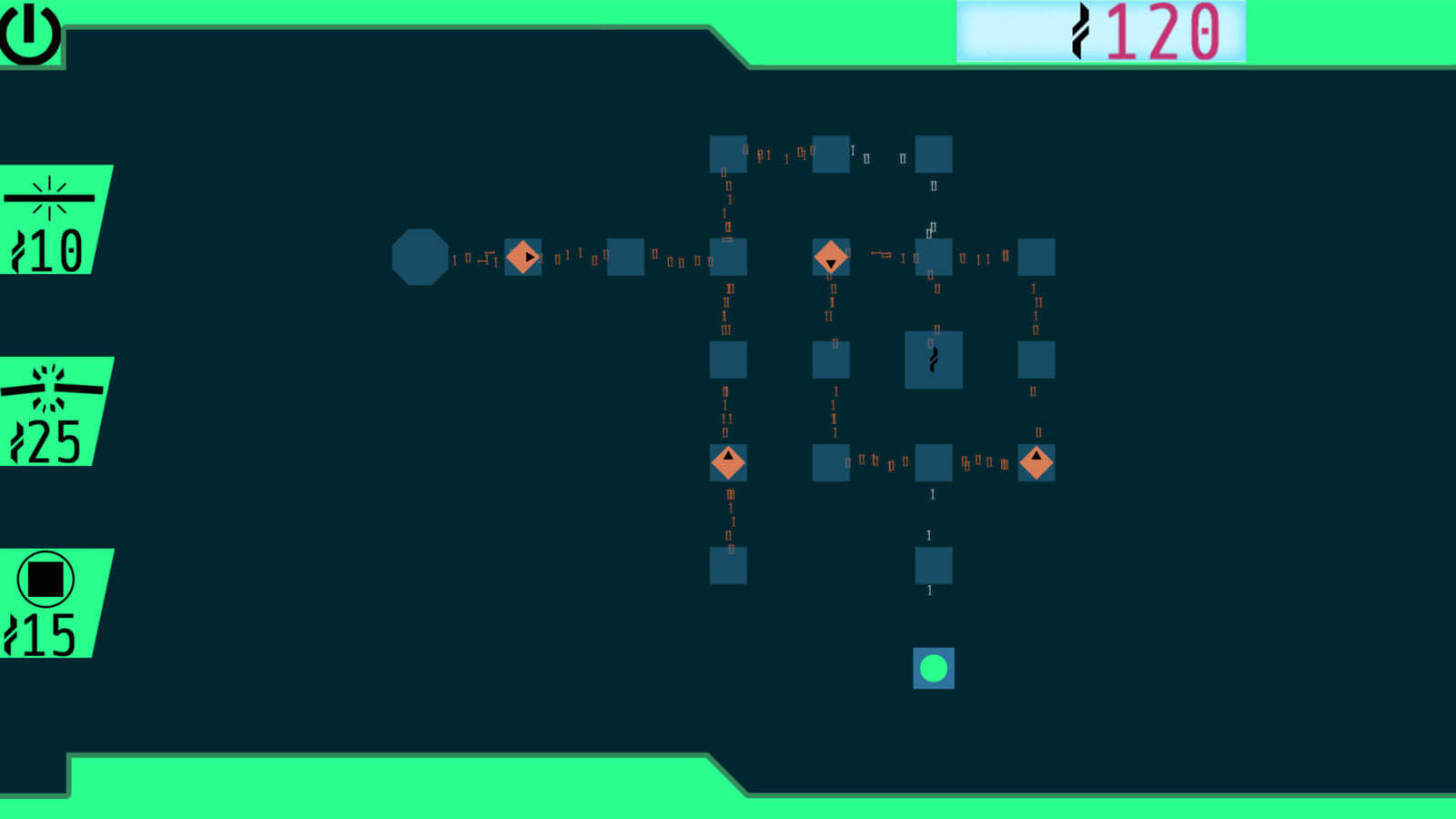 A blue grid of squares with code flowing between them, a green circle and four orange diamonds. 