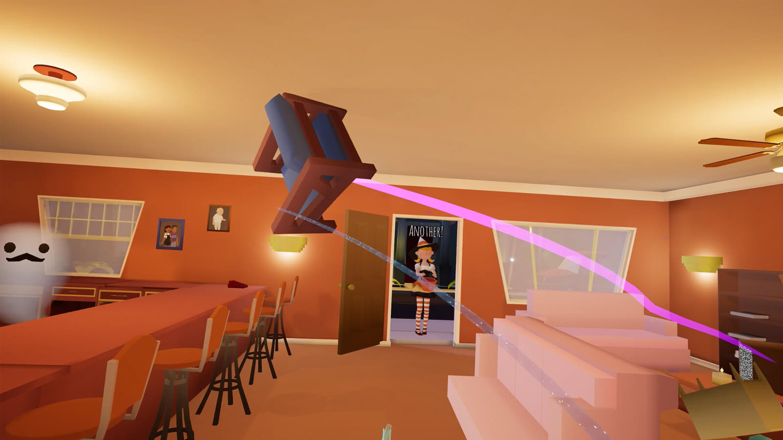 The player throws a chair across a living room, a trick or treater stands in the doorway.