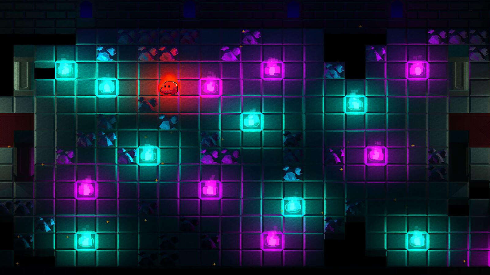 A red flame gooey stands next to turquoise and purple lanterns in a gridded room.