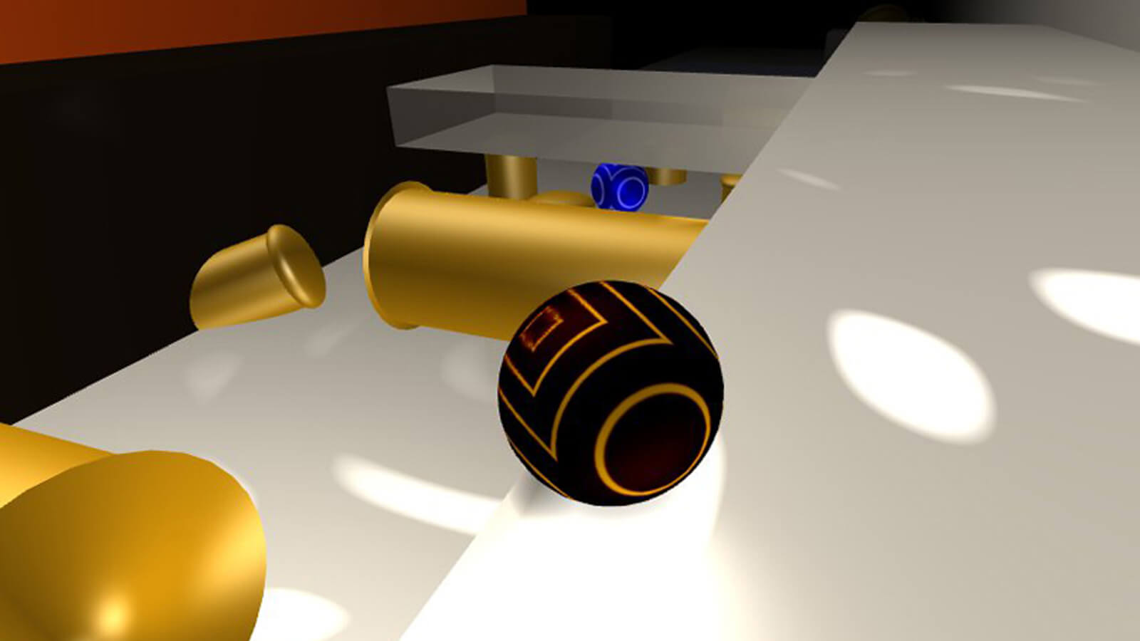 A black ball sits on a white plane with gold tubes below it and a blue ball in the distance. 