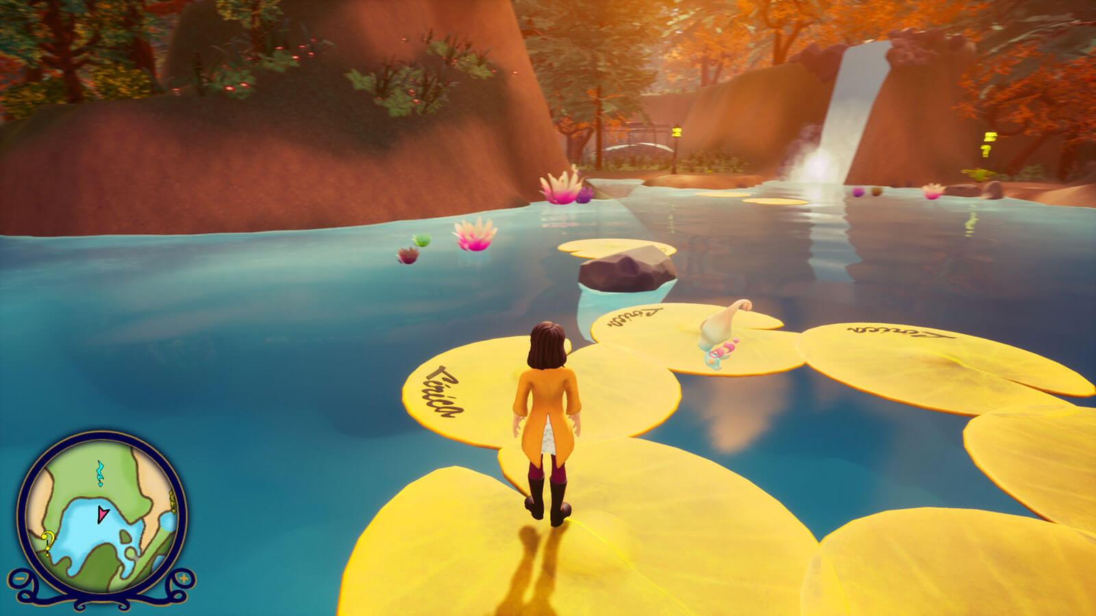 A woman stands on a giant gold-hued lilypad in the middle of a pond.