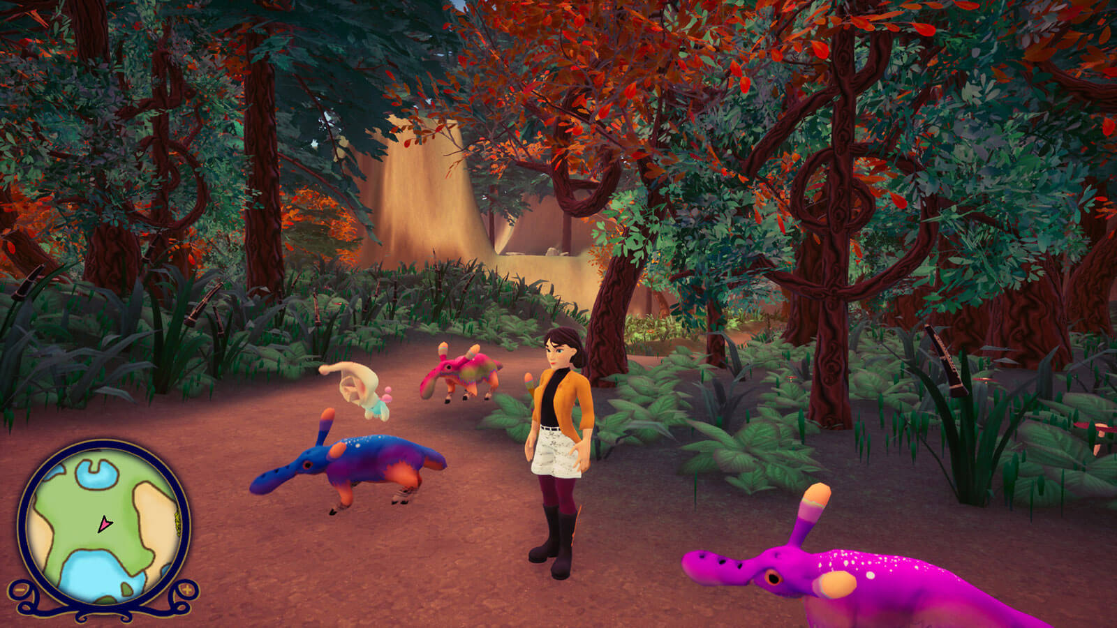 A woman stands in a forest grove surrounded by small colorful creatures.