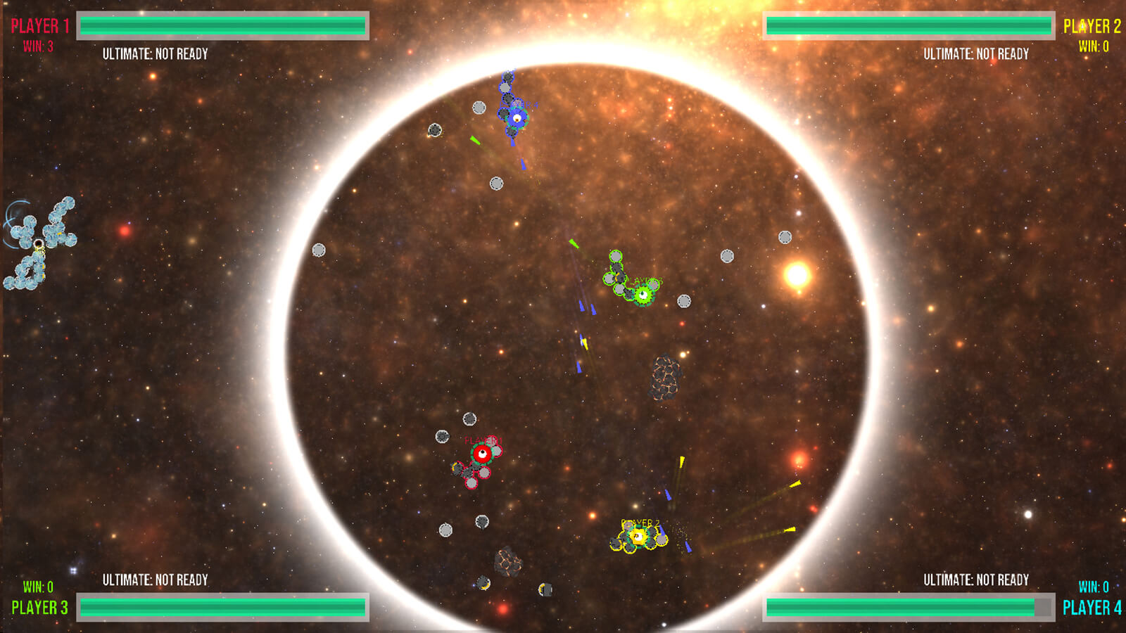 A group of "I" creatures battle each other in space with the giant defense and weapon attachments they've accumulated.