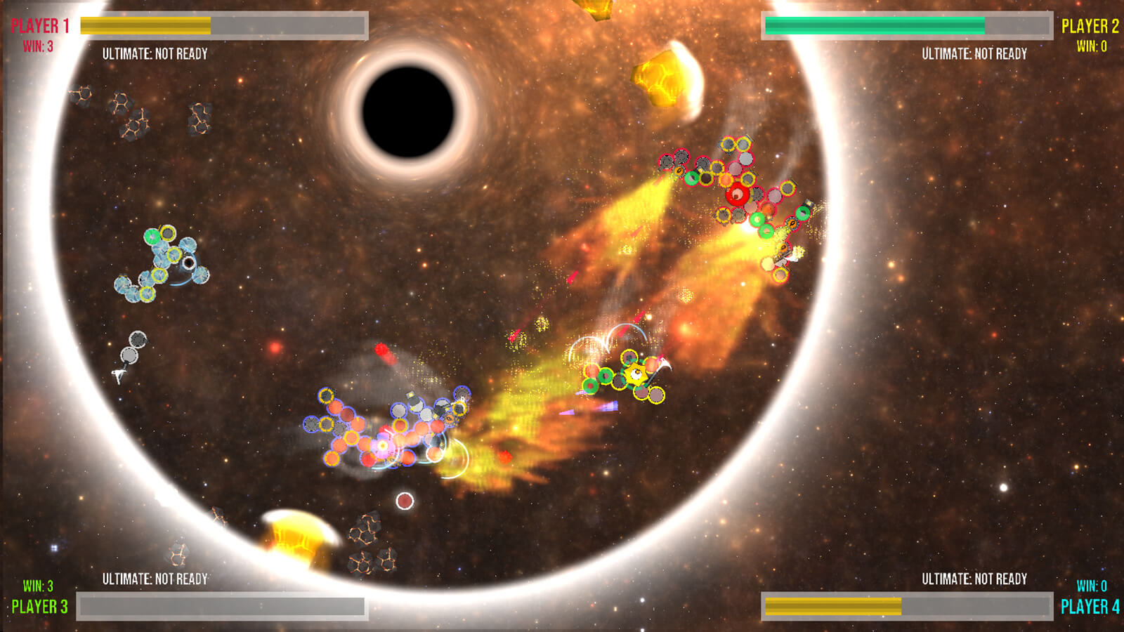 A group of "I" creatures battle each other in space with the giant defense and weapon attachments they've accumulated.