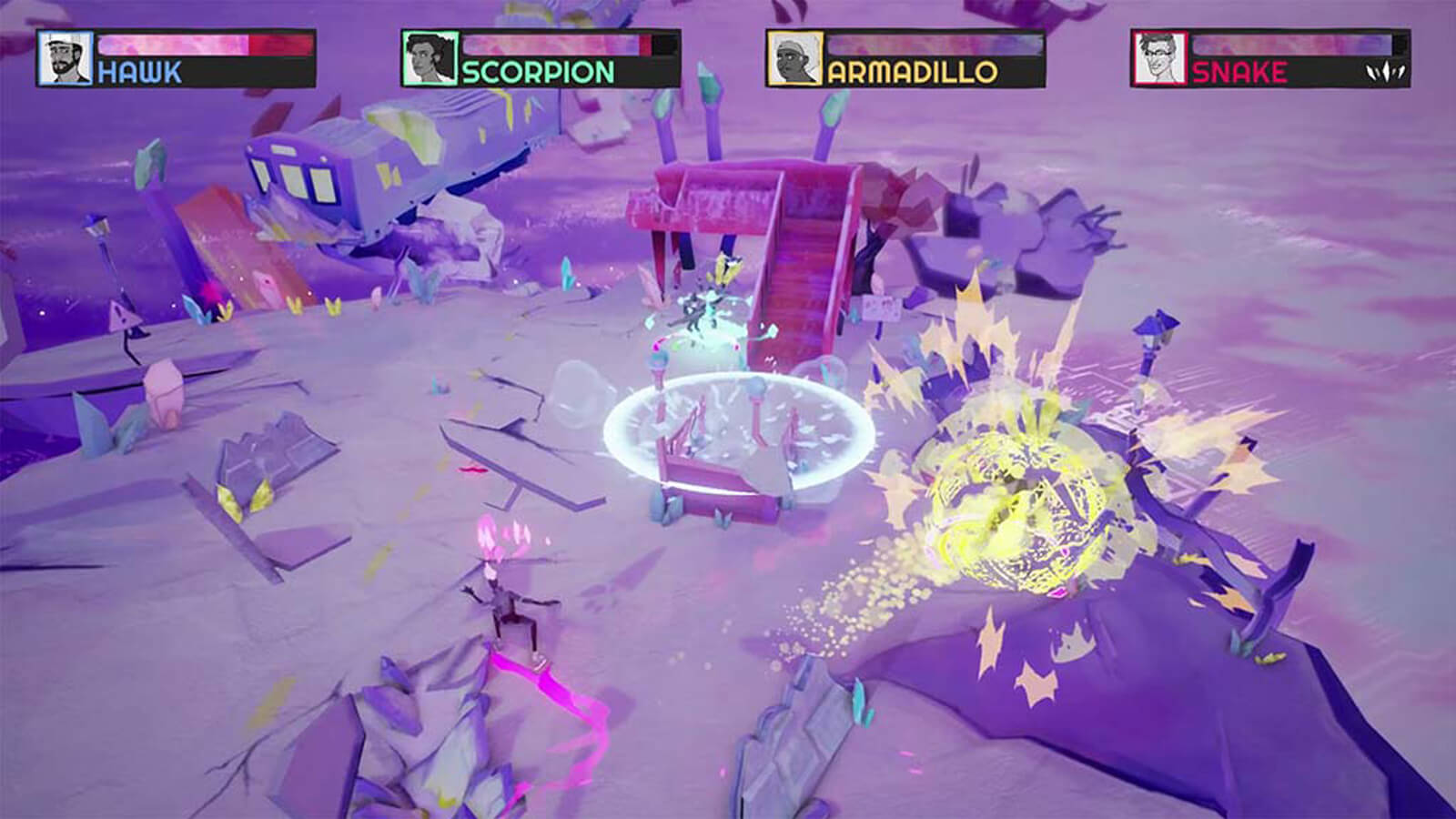 Four players battle on a craggy purple stage, yellow and turquoise explosions in the distance.