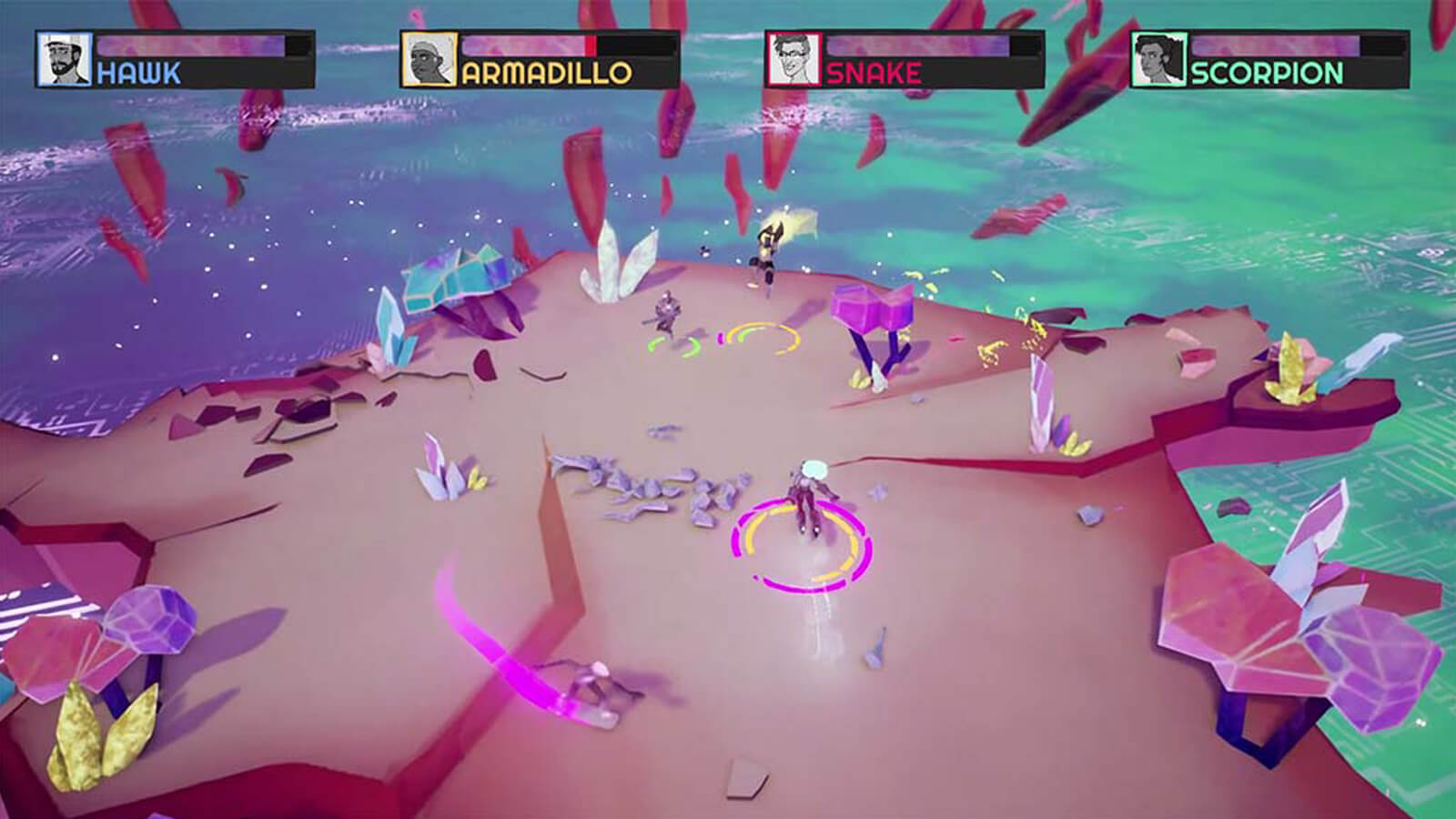 Four players brawl on a crystal covered platform. 