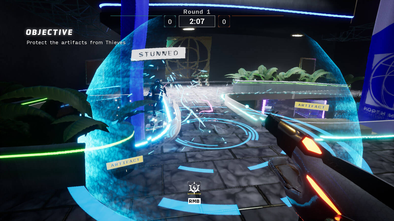 First-person view of enemy stunned in blue bubble