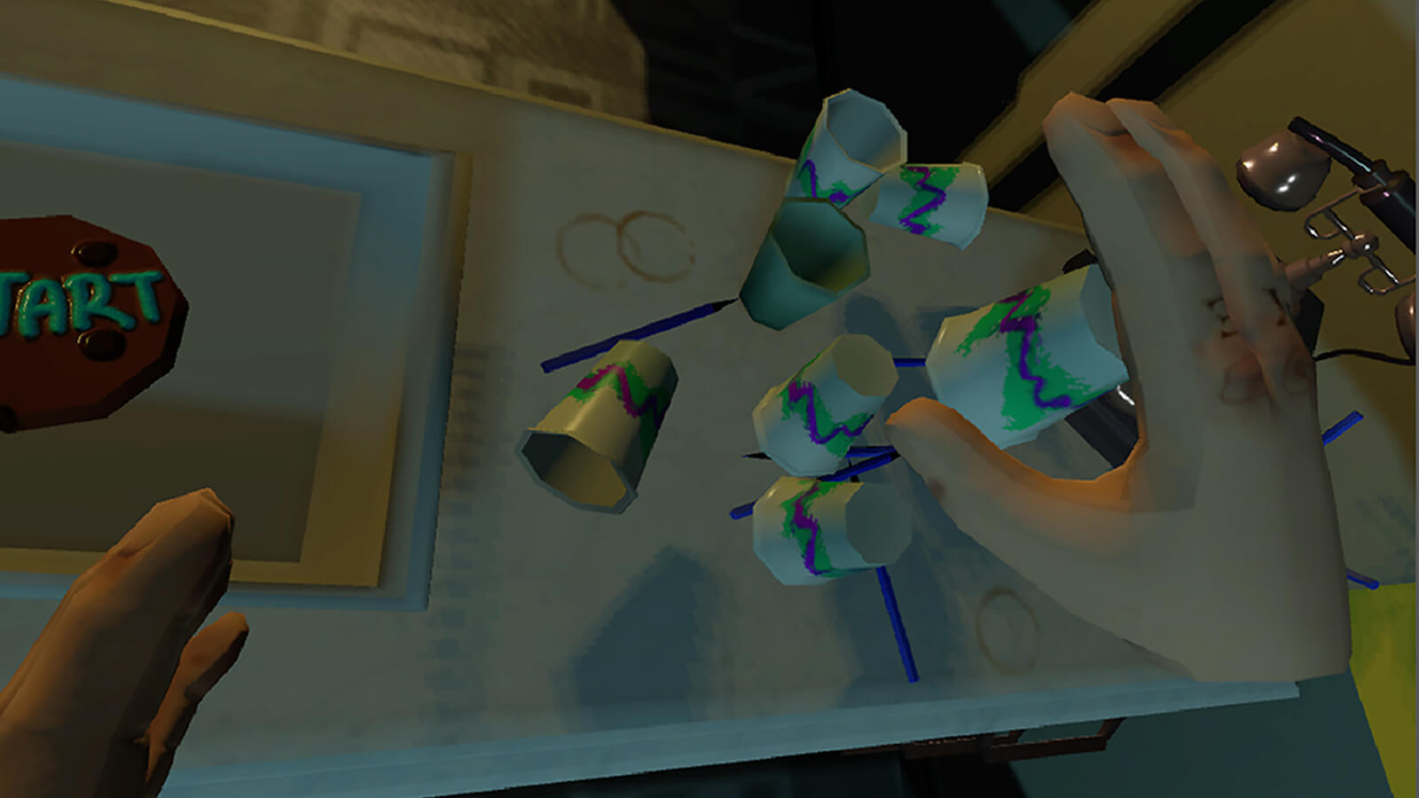The player's virtual hands reaching out to grab paper cups