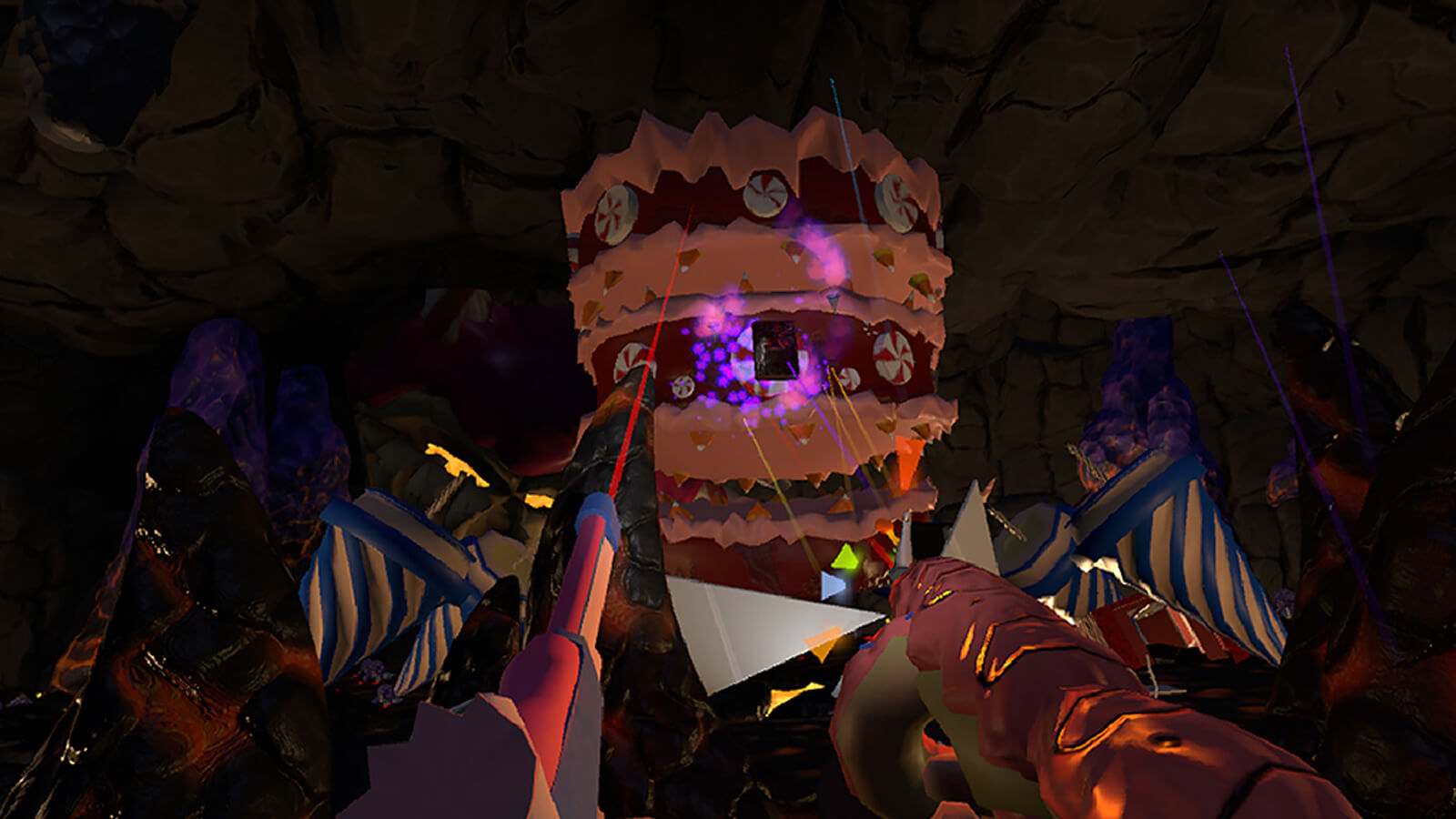 The player shooting a massive peppermint monster