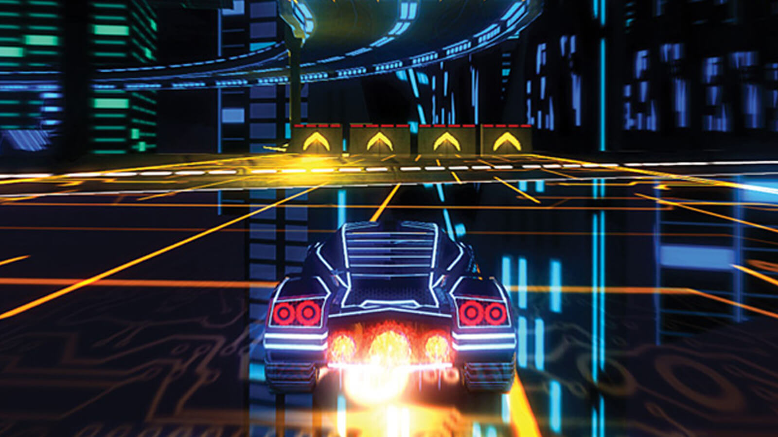 A glowing car with jet-boosters races through a futuristic roadway.