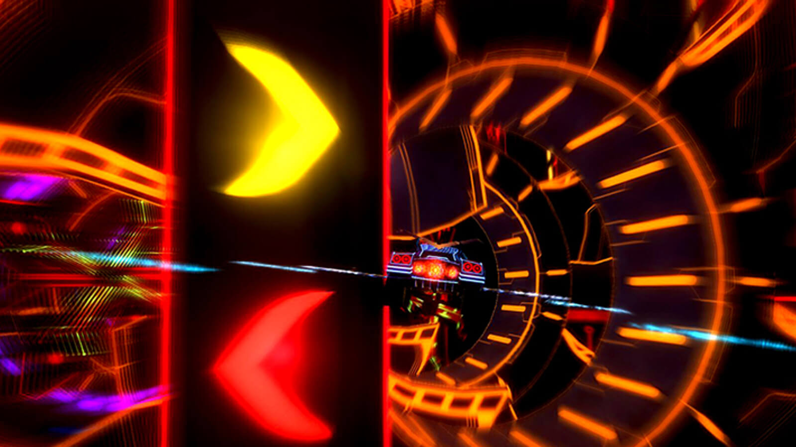 A car speeds through a massive neon-lit tunnel.