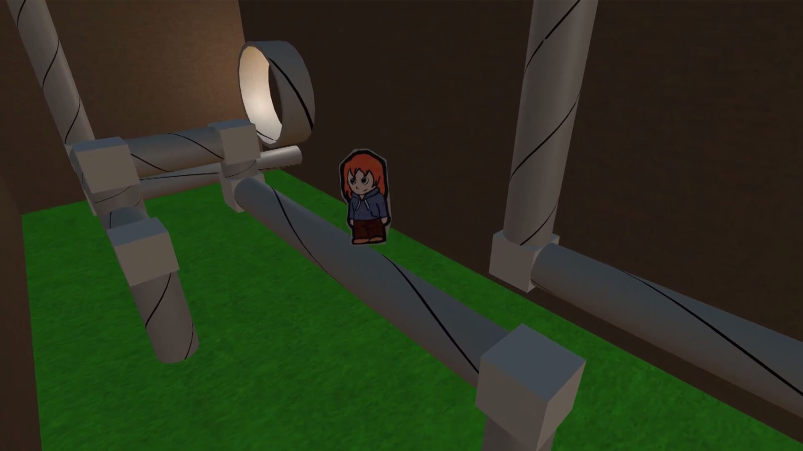 A red headed cardboard girl walks across some cardboard tubes.