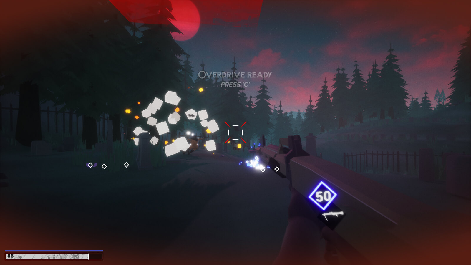 The player holds a machine gun as they're shot at by enemies and collectibles erupt from slain foes.