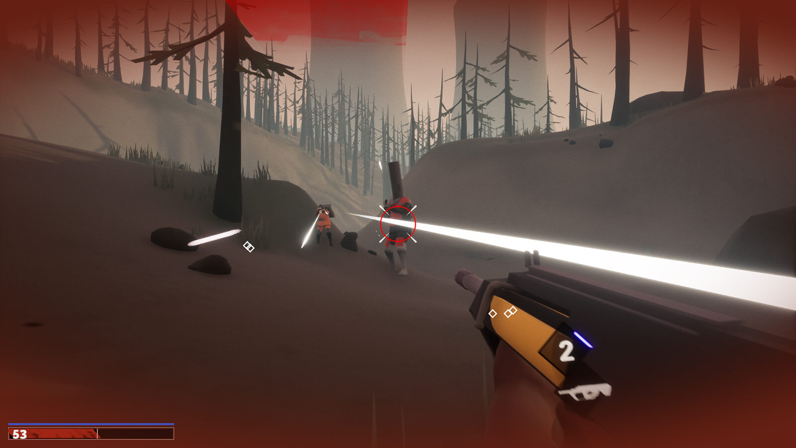 The player blasts two mysterious enemies wearing helmets and space suits with their shotgun. 