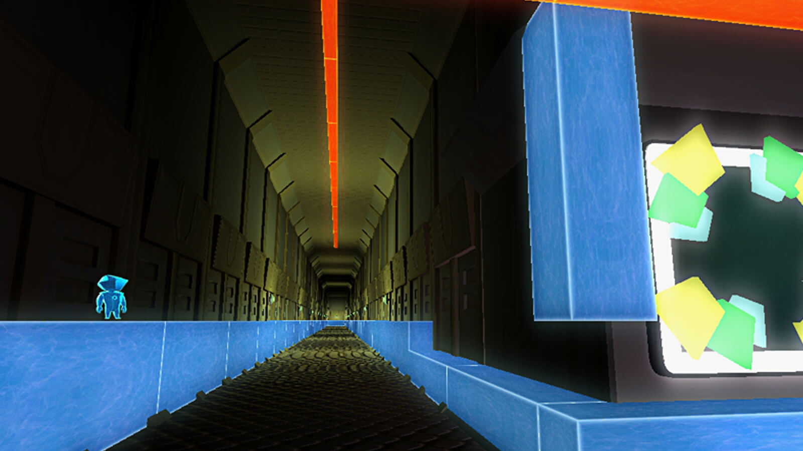 The player's avatar stands atop blue blocks running the length of a long metallic hallway