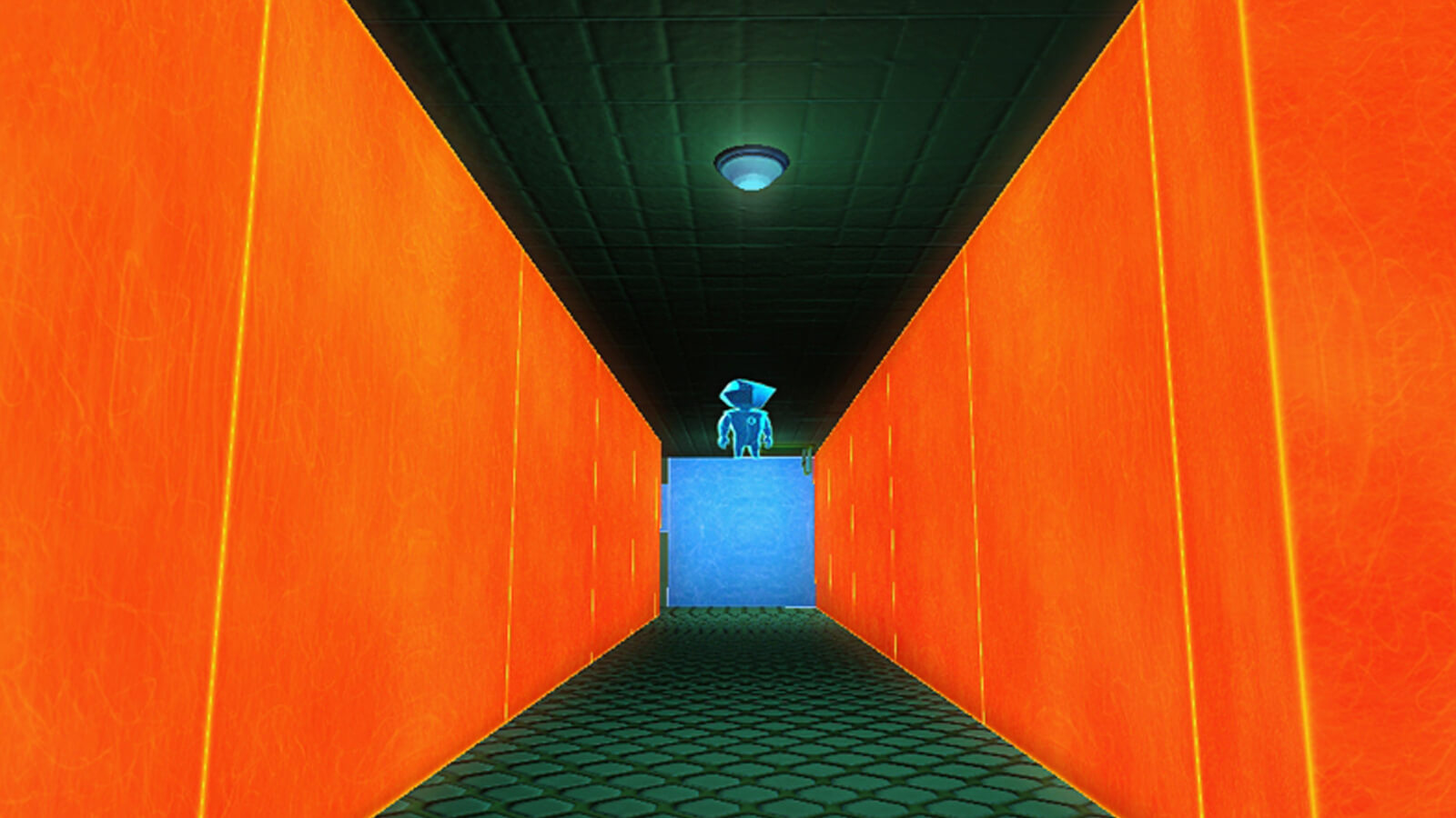 The player's blue avatar stands atop a blue block surrounded by orange walls