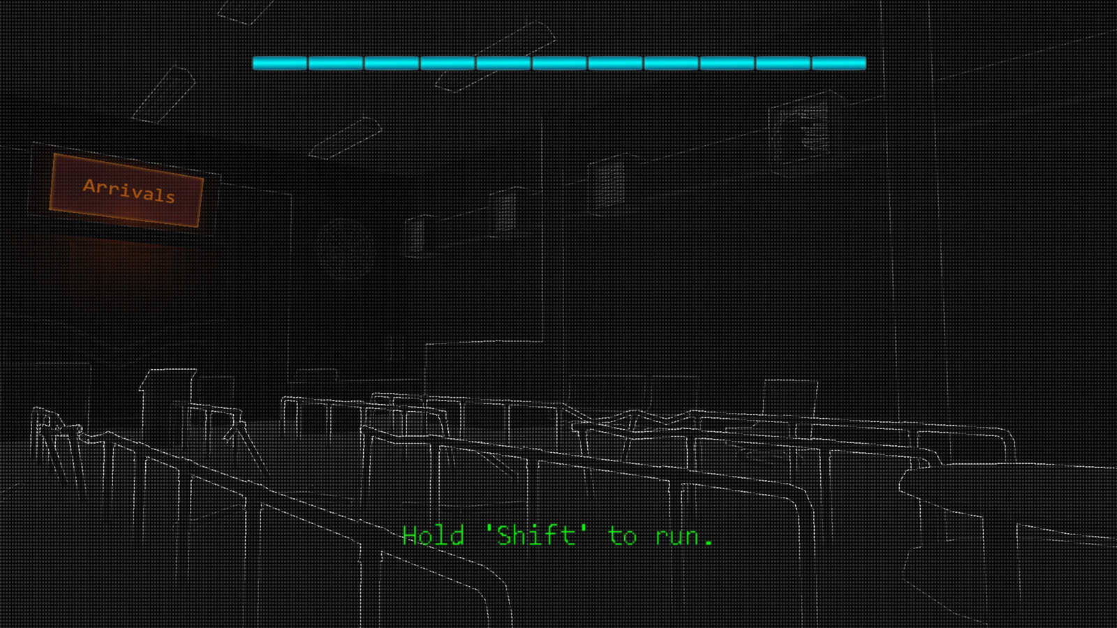 A dark room that says "Arrivals" with a "hold Shift to run" instruction.