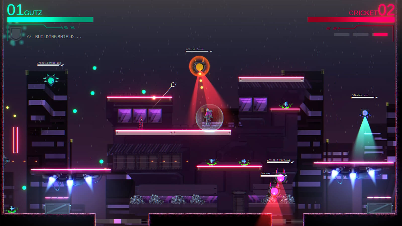 Neon cityscape at night; two characters stand on a platform surrounded by pulse-firing drones. 