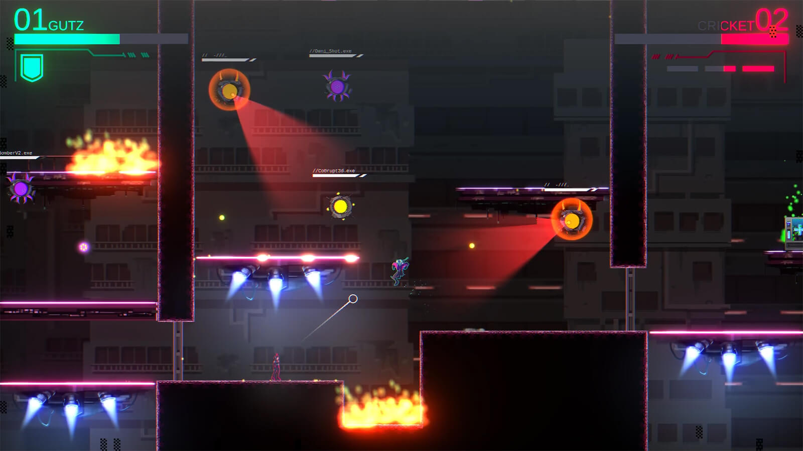 Two characters are surrounded by multi-colored drone enemies as the male character jumps over a pit of flames.