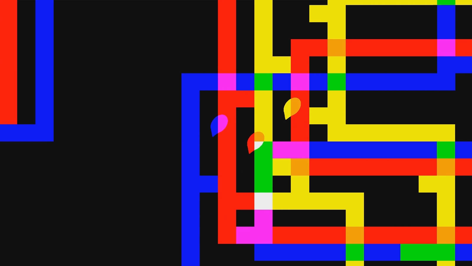 Three blobs jump through an array of multicolored intersecting walls. 