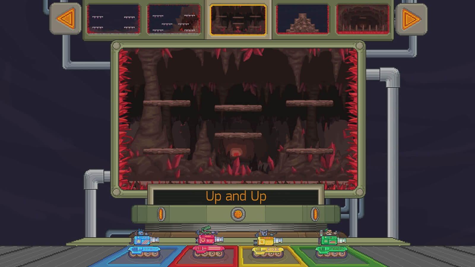 A green, yellow, blue and red tank stand at the level select screen.