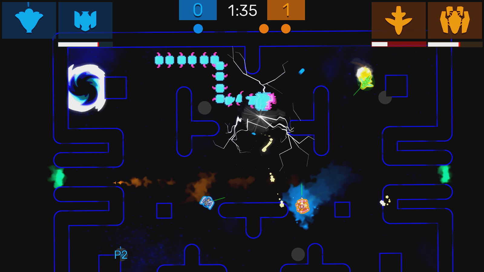 A turquoise centipede travels through a blue Pac-Man like playing field surrounded by the players.
