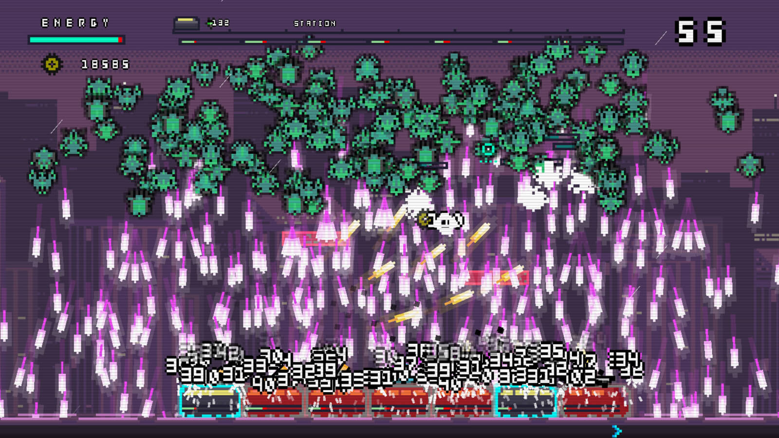 An enormous horde of killer robots rains a dense veil of bullets down on your combat train.