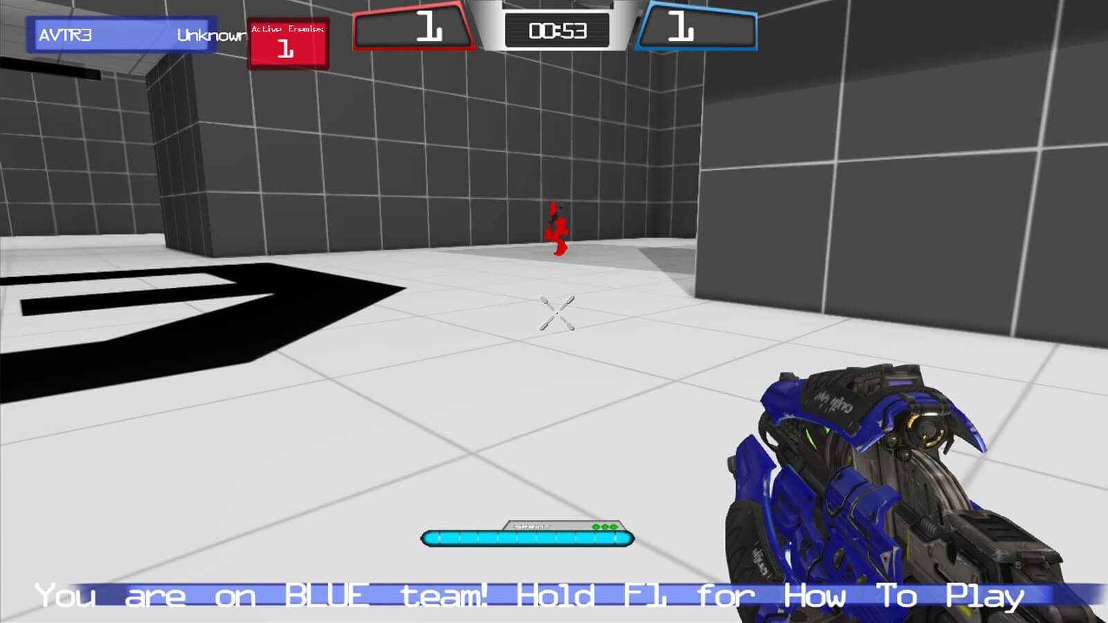A blue gun points below a red avatar in a grey tiled room.