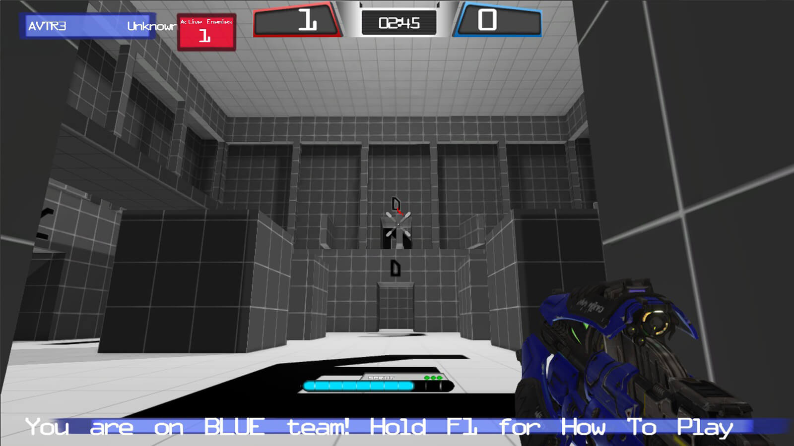 A blue gun points at a doorway in a grey tiled room.