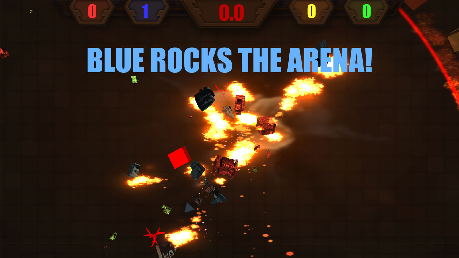 An explosion of vehicle parts with the message "BLUE ROCKS THE ARENA" on the screen.