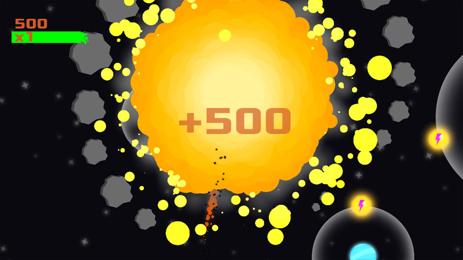 A giant orange explosion erupts with a "+500" point counter.