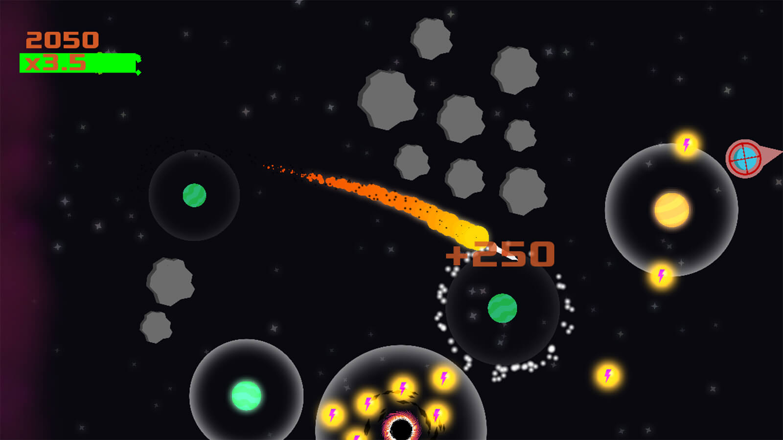 A rocket blasts between two green planets, picking up 250 points along the way. 