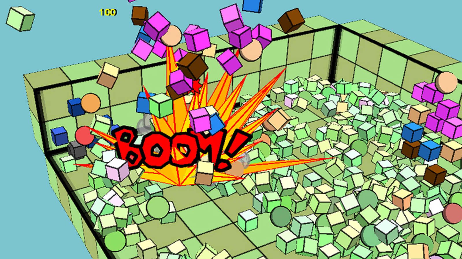 An enemy explodes into blocks with the word "BOOM!"