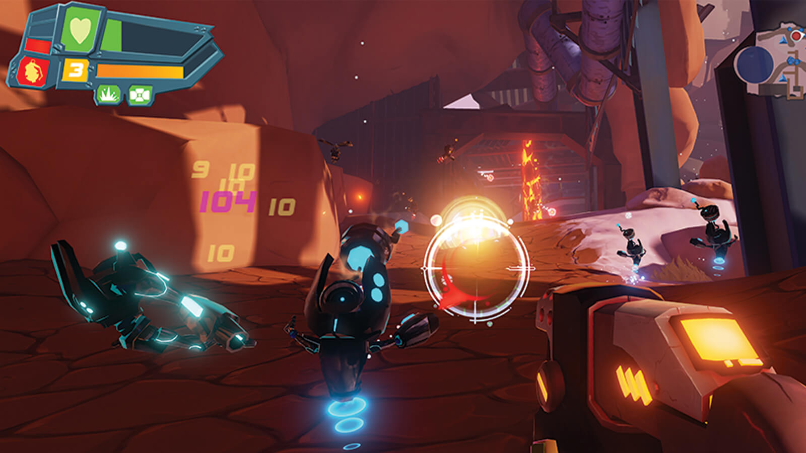 A boxy gun's reticle hovers near a yellow explosion in the distance, surrounded by levitating robots. 