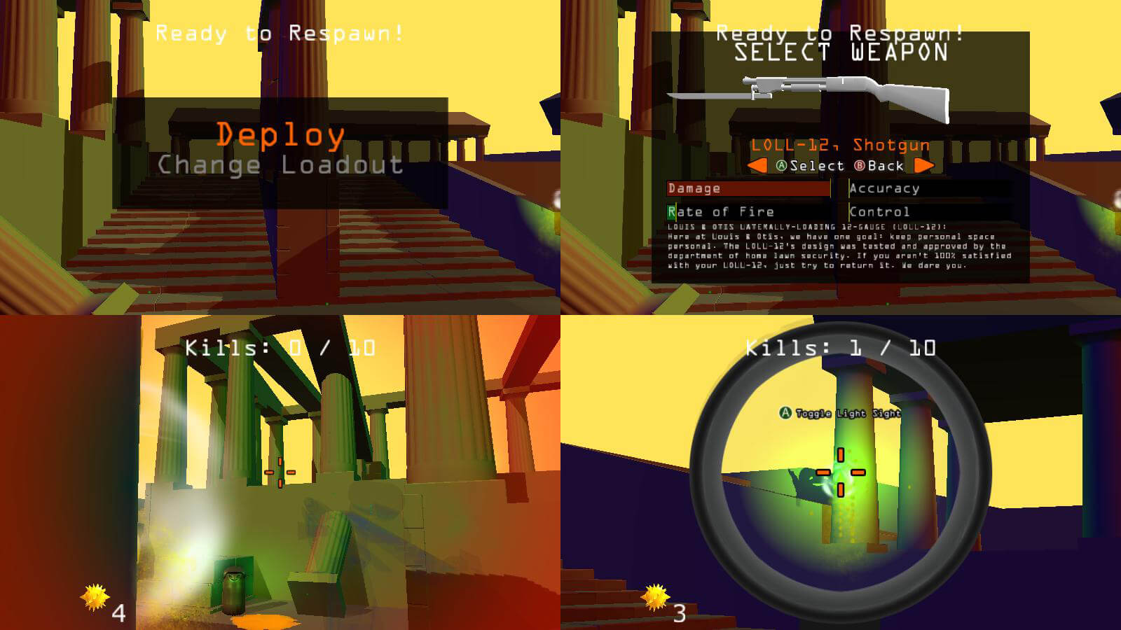 A four-player split-screen view with one player choosing a different weapon.